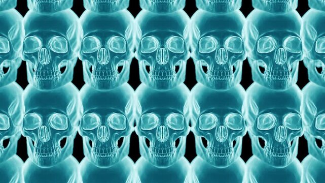 3D rendering of sliding blue x-ray skulls. Glowing holographic horror background seamless loop.