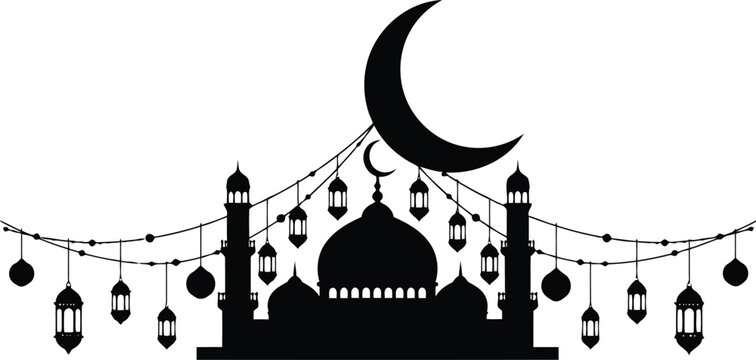 Elegant black silhouette of a mosque with crescent moon and hanging lanterns for islamic celebration