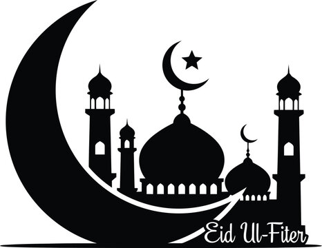 Eid ul fiter mosque silhouette with crescent moon and star for islamic celebration