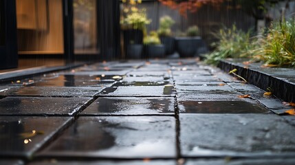 Wet pavement tiles reflecting light and vegetation outdoors close up shot