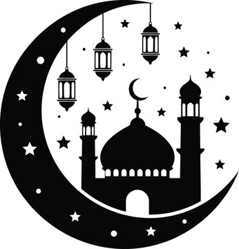 Beautiful illustration of a mosque silhouette with crescent moon, stars, and hanging lanterns