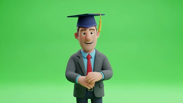 Cartoon Manager Graduation on Green Screen - A cartoon operations manager wearing a graduation cap stands on a chroma key green screen background.