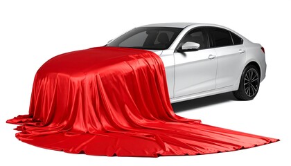 Silver sedan, partially covered by red satin fabric, sits against a stark white backdrop
