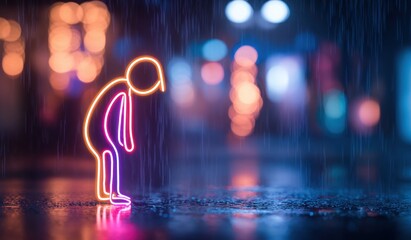 Neon figure in the rain with blurred lights background digital art
