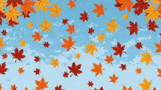 Autumn leaves falling from blue sky background in retro pixel art style