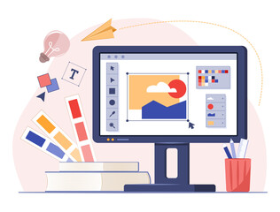 Graphic Design Program on Desktop Computer Monitor with Color Swatch Chart, Books, Pencil and Ruler for Graphic Design Occupation Concept Illustration