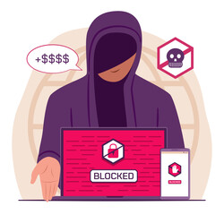 Hacker Man Steal Digital Data from Laptop Computer and Mobile Phone and Demand Ransom for Cyber Crime and Online Digital Risk Concept Illustration Clip Art