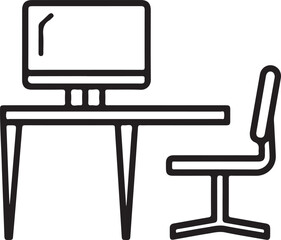 Fototapeta premium Minimalist black and white line art icon of a computer desk with a monitor and chair on a white background Keywords: computer desk icon monitor icon screen icon chair icon office furniture icon