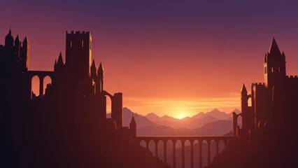 Obraz premium A breathtaking sunset in Venice, Italy, and Prague showcases the European city architecture with silhouettes of a castle and cathedral against a vibrant orange dusk sky