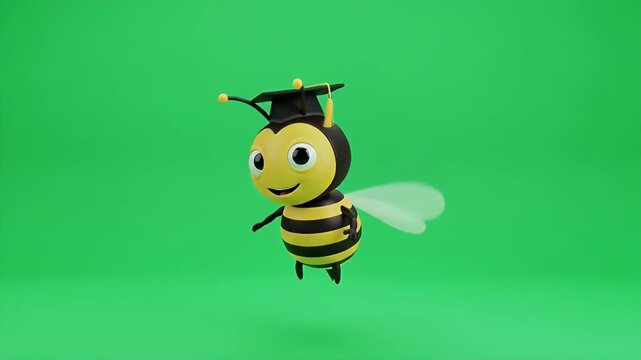 Cartoon Bee Graduation on Green Screen - A cute 3D cartoon bee wearing a graduation cap floats against a chroma key green screen background.