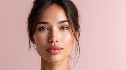 Fototapeta premium Portrait of a young woman with natural beauty, soft makeup and effortless style against a pastel pink background, showcasing flawless skin and captivating gaze