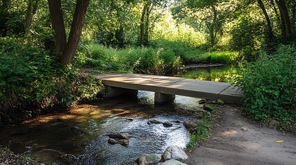 Wooden bridge over a flowing stream in a lush green forest landscape