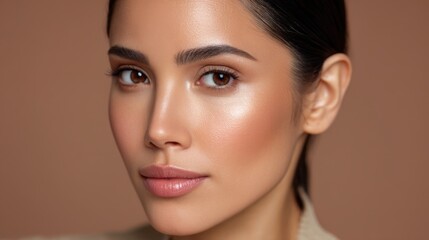 Fototapeta premium Close-Up Portrait of a Confident Woman with Natural Makeup and Glowing Skin Against a Soft Brown Background