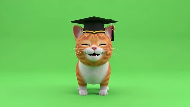 Cartoon Cat Graduation Chroma Key - This video features a 3D cartoon British Shorthair cat wearing a graduation cap against a green screen background. The cat is orange and white with big green eyes.