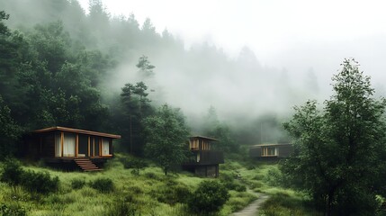 Wooden cabins nestled in a misty forest landscape serene nature scene