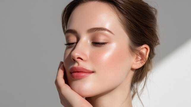 Natural beauty portrait of a young woman with glowing skin, soft makeup, gentle expression, and elegant hairstyle against a light background