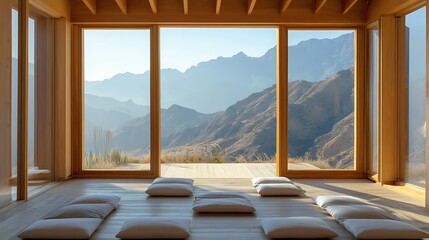 Wooden framed room with panoramic view of mountains for meditation and relaxation