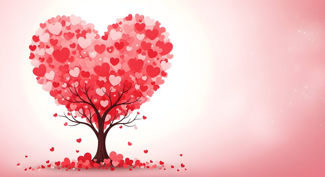 Happy valentine's day heart tree with red leaves and flowers