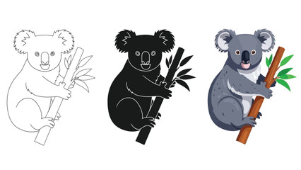 Fototapeta premium Collection of three stylized koala bear icons depicting outline silhouette and full color flat illustration versions clinging to a branch