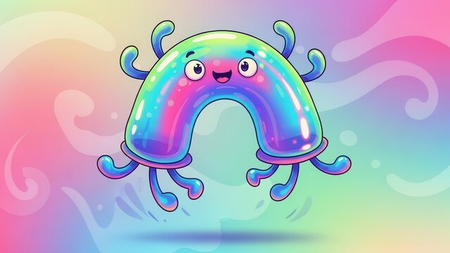 Vibrant holographic goo creature with joyful expression on a dreamy pastel backdrop illustration