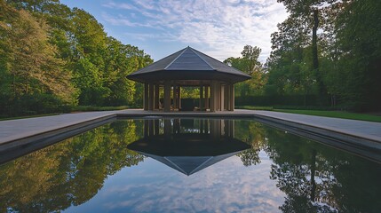 Wooden pavilion reflecting in pool with green trees outdoors and cloudy sky