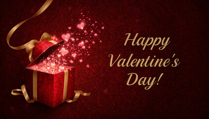 Romantic red gift box with glittering hearts exploding outwards on a dark textured background