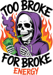 Skeleton in purple hood holding money and smoking with flames and smoke