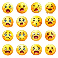 Fototapeta premium Sixteen yellow circular emojis with different facial expressions, evoking sadness, anger, happiness, and confusion