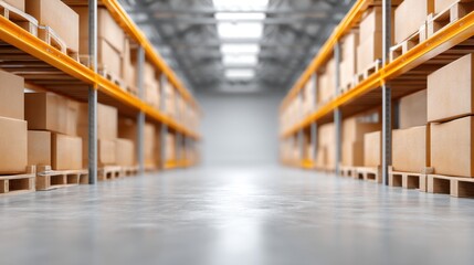 Obraz premium Aisles of Abundant Cardboard Boxes in a Warehouse with Bright Lighting and Clean Concrete Floor Focused on Storage and Organization