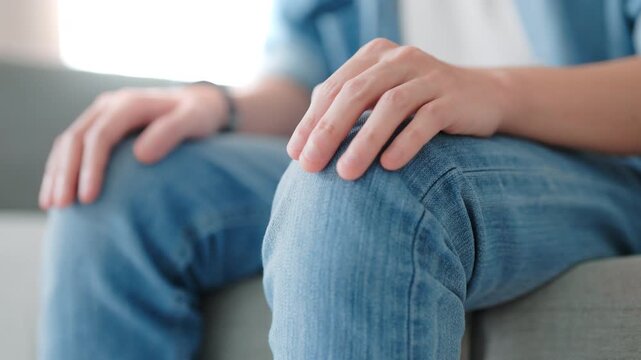 Closeup legs shaking in a guy in blue jeans. Uncontrollable leg shaking. Severe stress in a guy. A man is worried while sitting on a sofa. Health problems and sickness