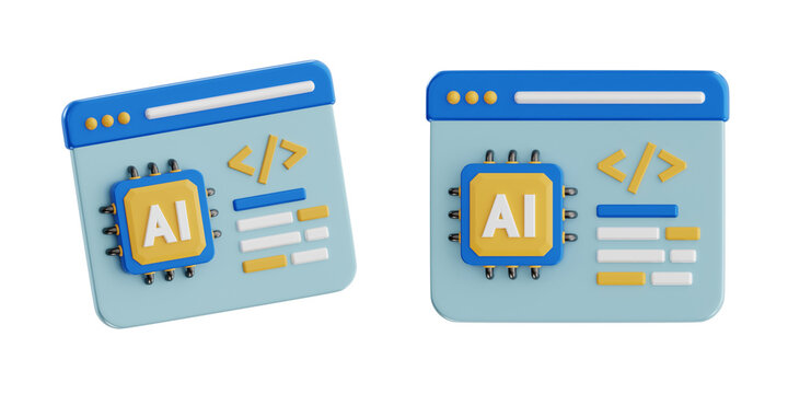 3D Icon of Web Browser Window with Code Symbols and AI Chip for Web Development
