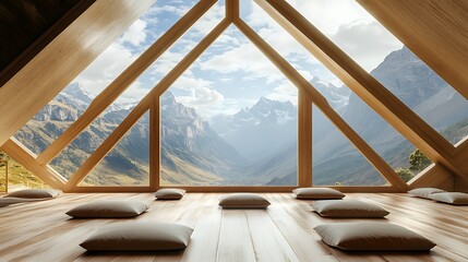 Wooden room with large window overlooking mountain landscape and pillows