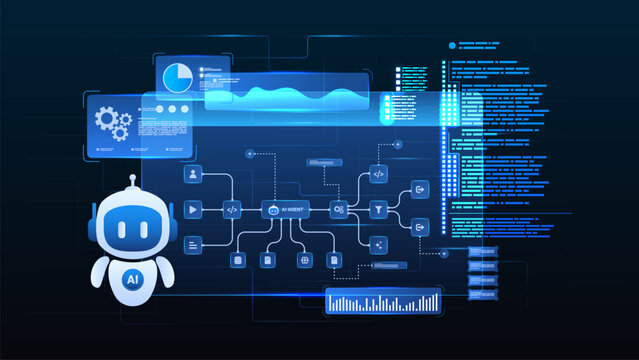 AI workflow automation artificial intelligence. ai agent workflow diagram dashboard machine learning with flow process, coding, and processing system.