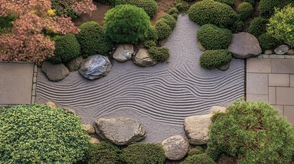 Zen garden landscape view sand rocks and greenery harmony