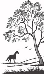 Silhouette of a Horse Under a Tree with Birds.