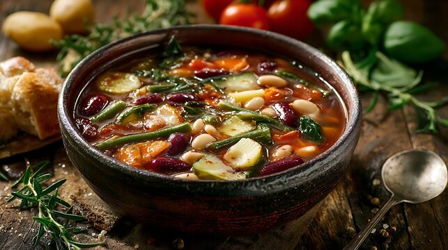 Vegetable minestrone soup with beans and zucchini fills a dark earthenware bowl.