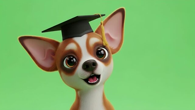 Cartoon Chihuahua Graduation on Green Screen - A cartoon chihuahua wearing a graduation cap smiles against a green screen background.