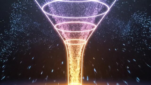 Abstract funnel illustration with glowing particles, representing data filtering and conversion processes.