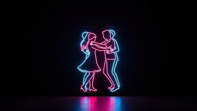 Vibrant neon outline of a dancing couple creating a dynamic glow in a dark, atmospheric setting
