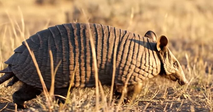 Armadillo exploring grassy field with its unique armored shell