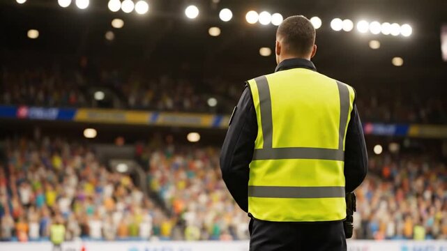 Professional Security Guard Vigilantly Oversees Energetic Stadium Crowd Under Bright Lights
