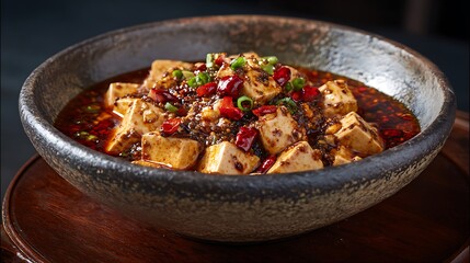 Fototapeta premium Mapo tofu dish with spicy sauce is served in a ceramic bowl for a commercial food menu.