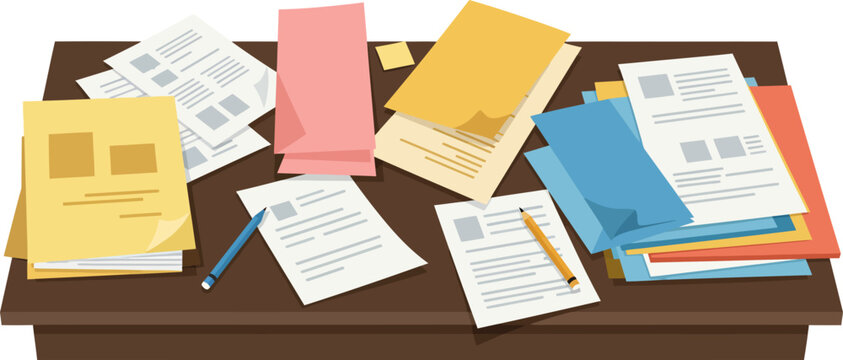 Cluttered Office Desk with Piles of Paperwork Documents and Folders Illustration