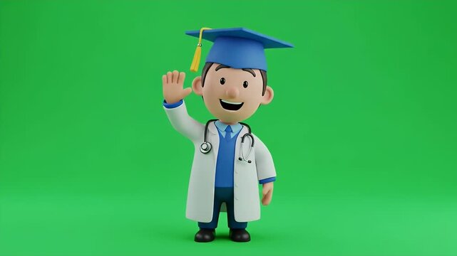 Cartoon Doctor Graduation Green Screen - A 3D video cartoon doctor character stands wearing a graduation cap and lab coat against a vibrant green screen background.