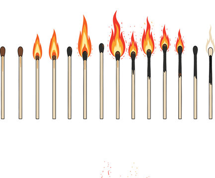 Flat vector illustration showing a sequence of matchsticks from new to burning with bright orange flames and finally burnt out for safety concepts.