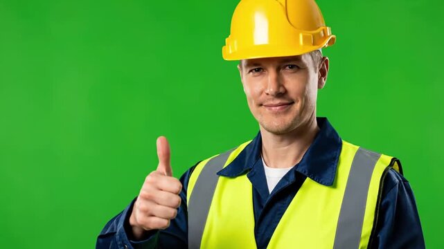 real life construction worker medium shot holding thumbs up sign symbolizing approval safety and success yellow helmet reflective vest detailed textures soft diffused lighting realistic shadows green 