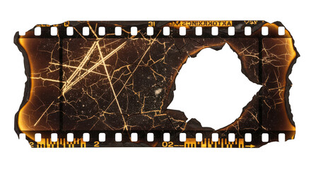 Burnt vintage film strip frame with torn hole for grunge photo and cinematic design