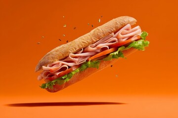 a baguette sandwich with ham, lettuce, and tomato suspended in the air against an orange background.