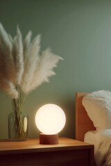 a modern table lamp with a frosted glass sphere on a wooden base, in a bedroom next to a bed and a vase full of pampas grass, with a green wall behind it, soft lighting.