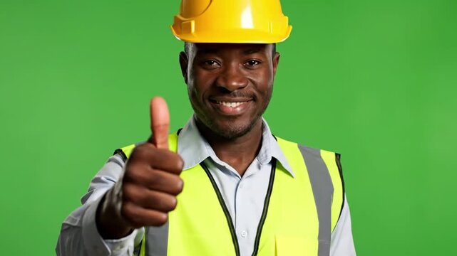 close professional shot of builder worker in safety uniform high visibility vest and yellow helmet giving approval sign to viewer warm approachable smile natural skin texture soft studio illumination 